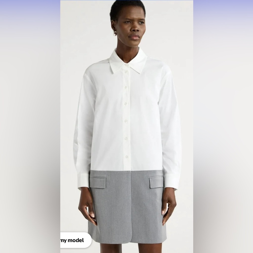 NWT Scoop Shirt Dress Mix Media Poplin Suiting Mini Oversized Long Sleeve Sz XS - Picture 4 of 16